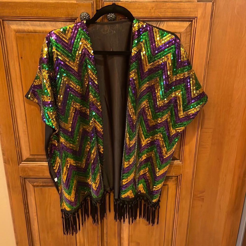 Mardi Gras drop sleeve sequined cover up/jacket -no buttons zippers or closures.